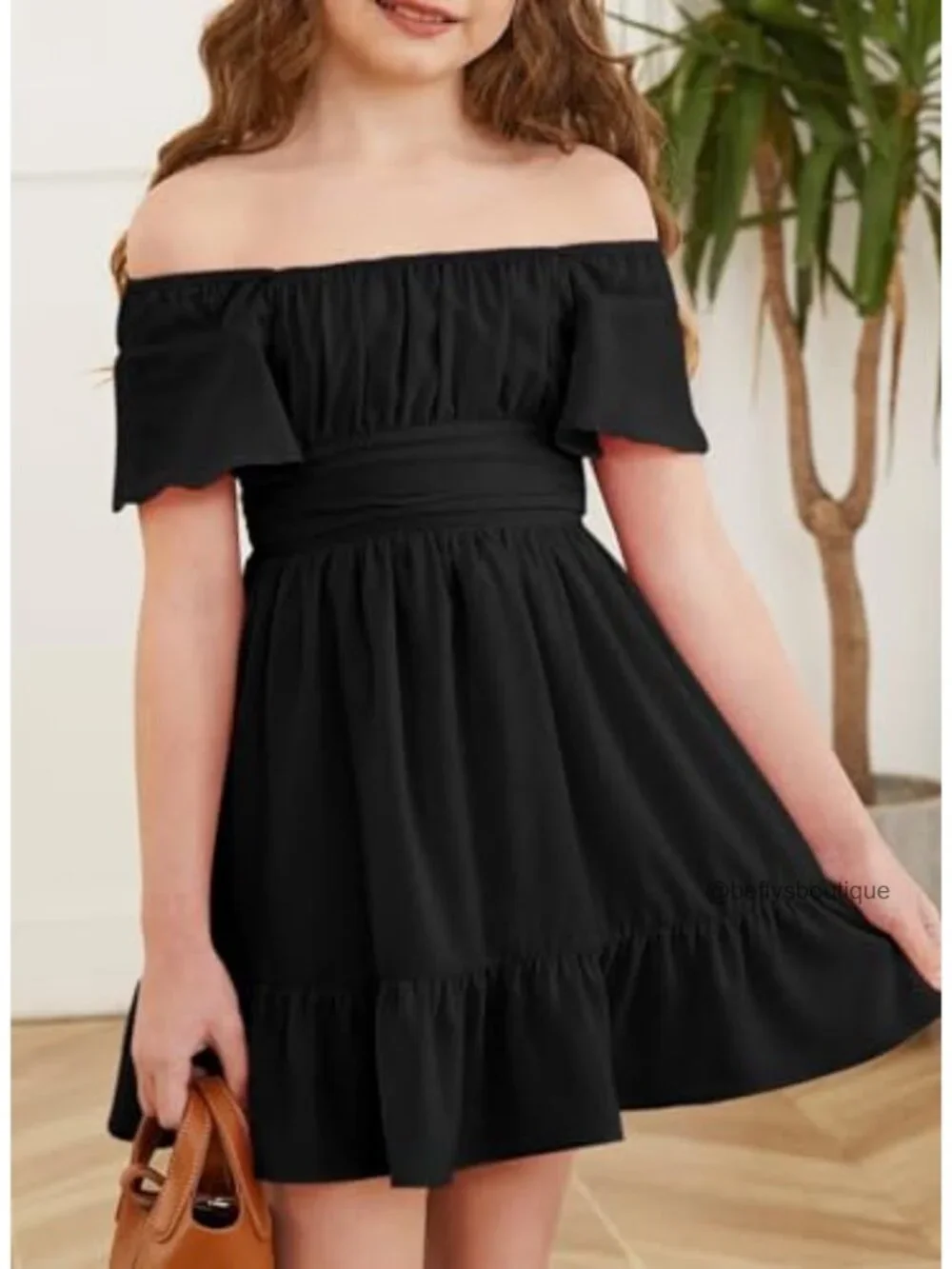 Girls Off Shoulder Tie Back Dress Square Neck A-Line Ruffle Hem 4-15Y